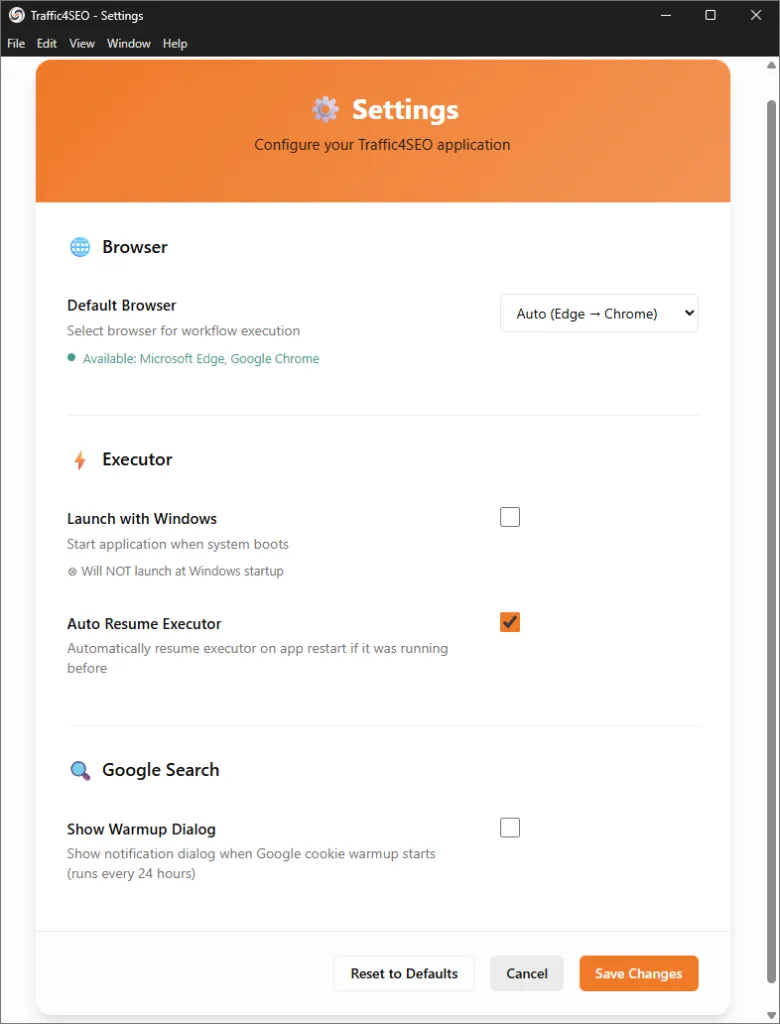 App Settings Window
