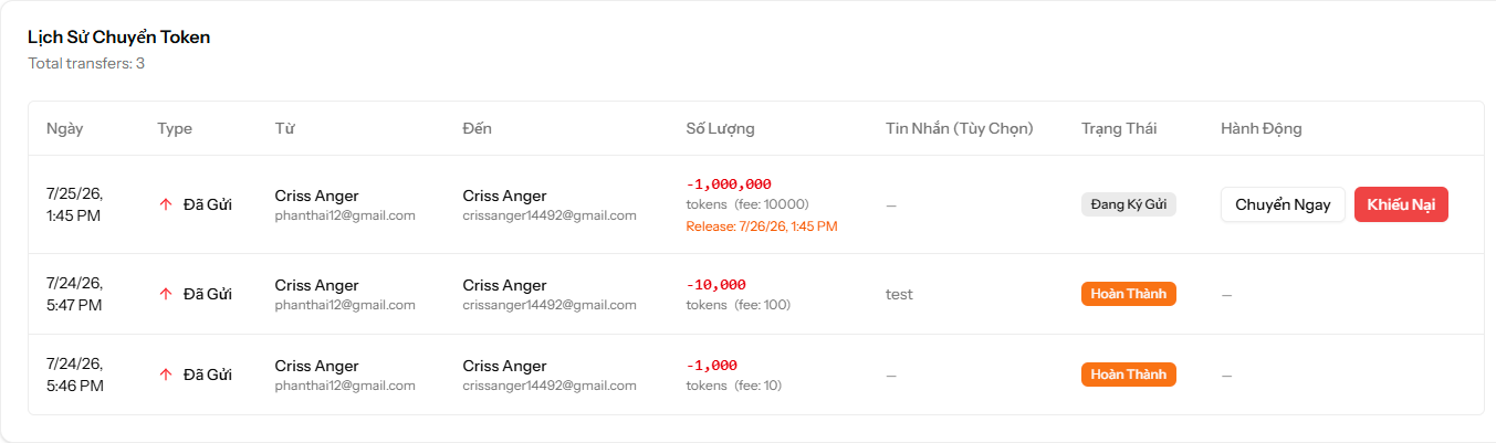 Giao Diện Lịch Sử Chuyển Token Phía Người Bán